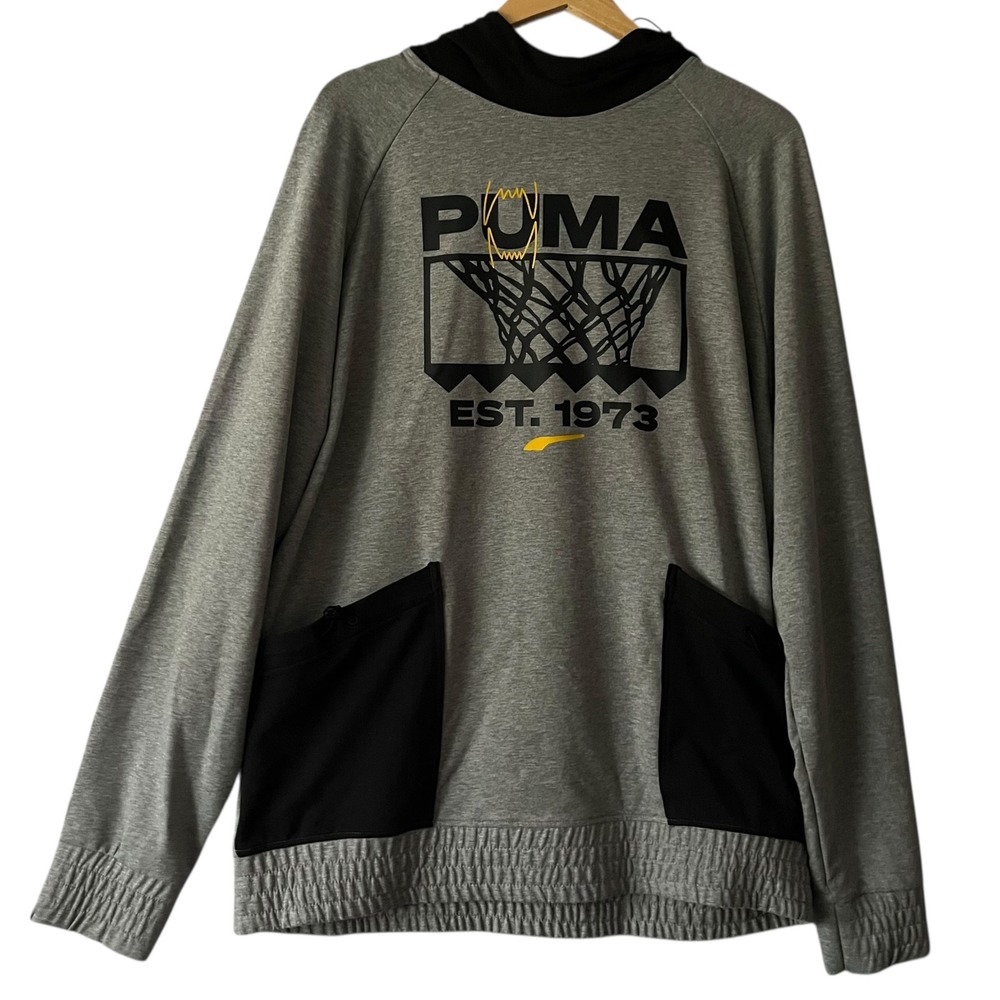 PUMA Winning Stud Graphic Hoodie Gray Black Basketball Sweatshirt‎ Mens Size L